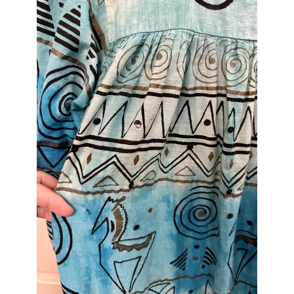 Vintage 60s‎ 70s Ramona Rull 100% Cotton Western Teal Boho Maxi Dress Kaftan 1X - Picture 3 of 11